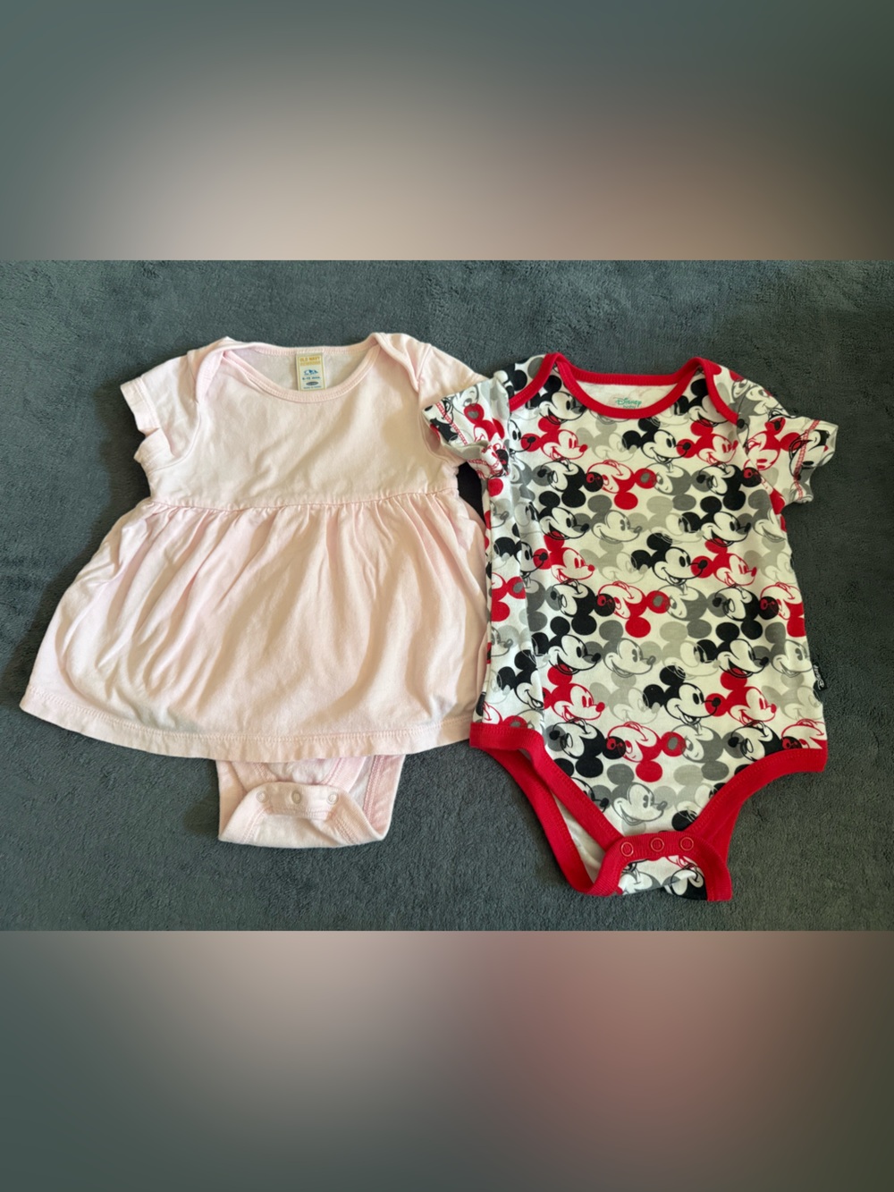 Old Navy Pink Dress Bodysuit & Disney baby Mickey Mouse Bodysuit size 6-9 months